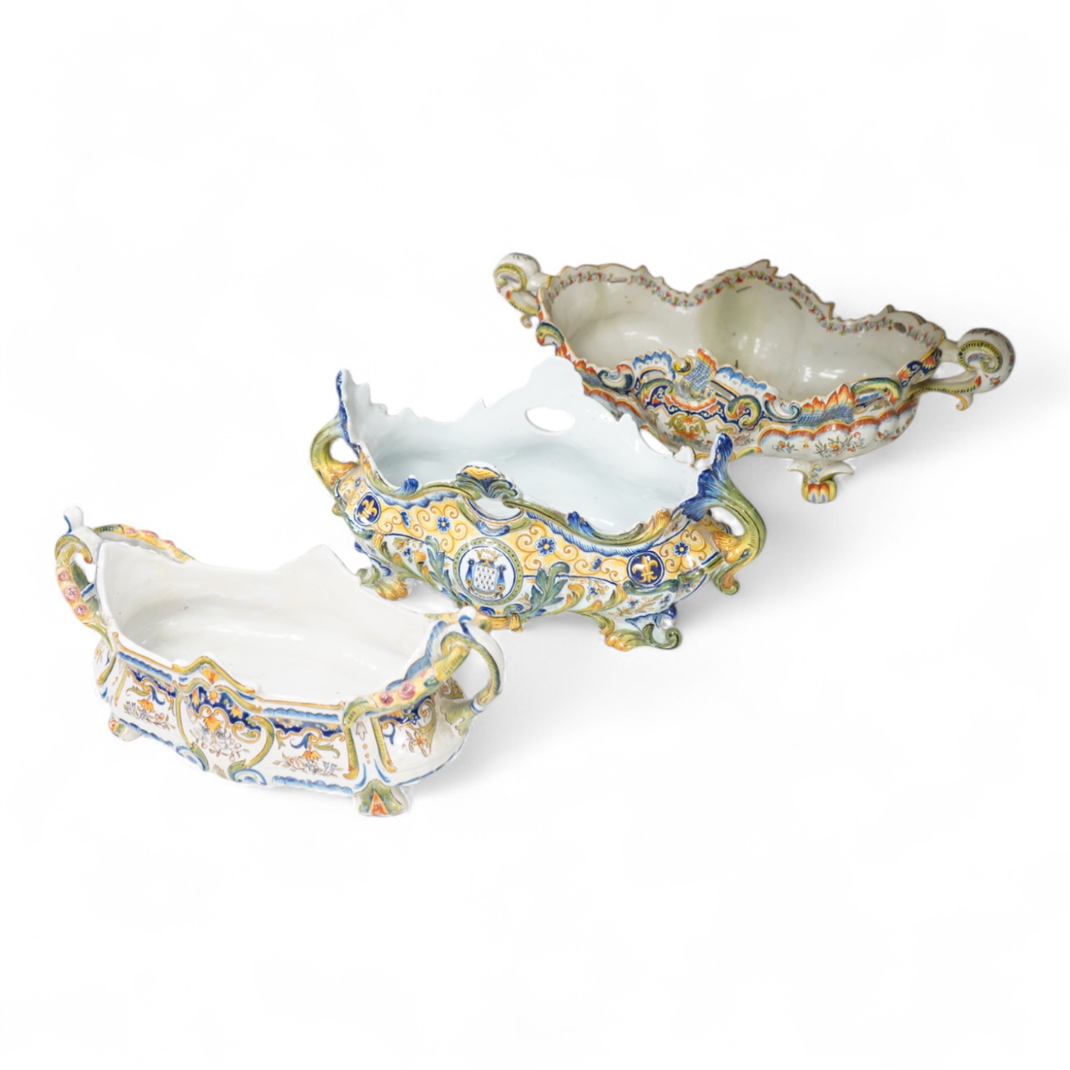 Three French faience planters, one marked Rouen, largest 50cm wide